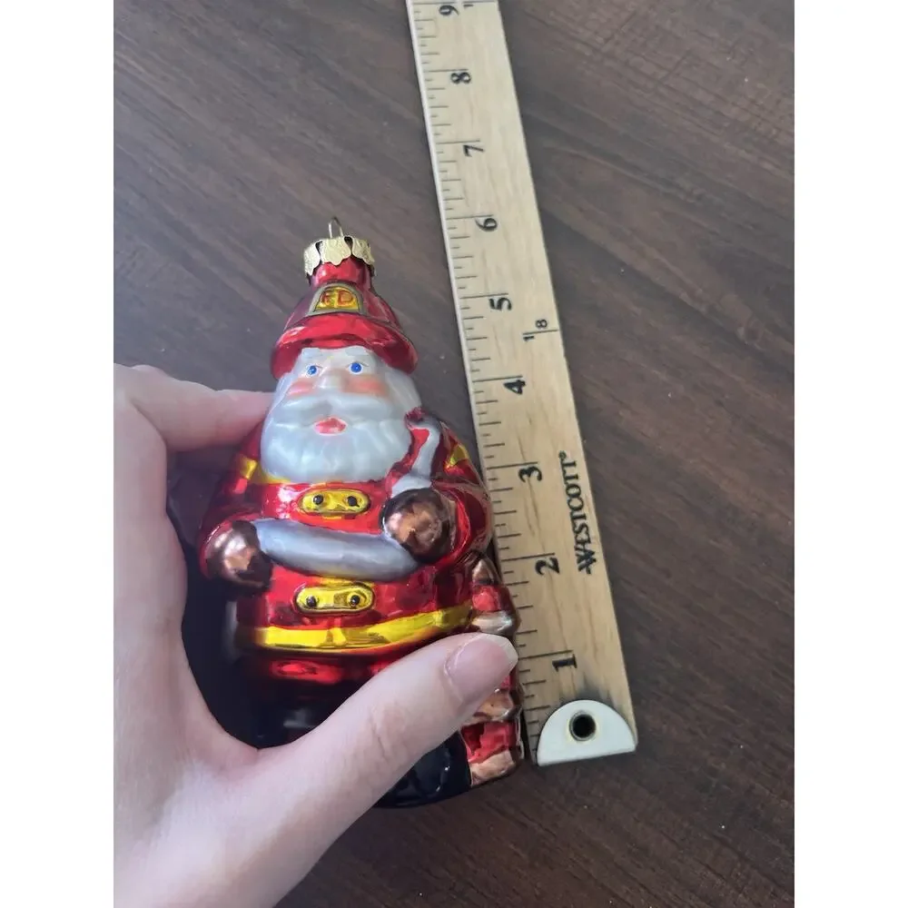 Christmas Ornament Santa Firefighter Hand Painted Glass Vintage